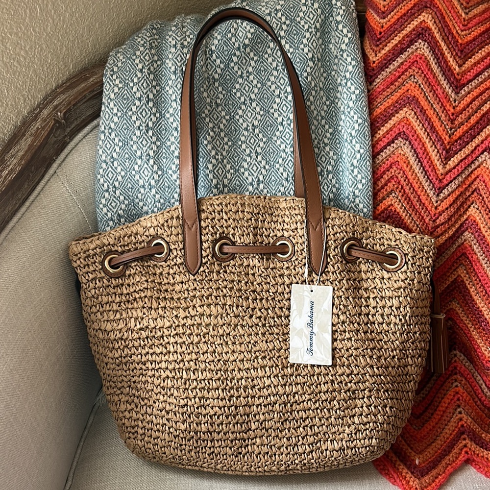 Tommy Bahama Woven Straw Tote Bag with Leather Trim - Brown